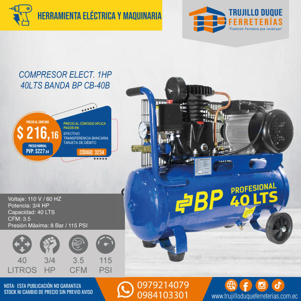 COMPRESOR ELECTRICO 1HP 40LTS BANDA BP CB-40B
